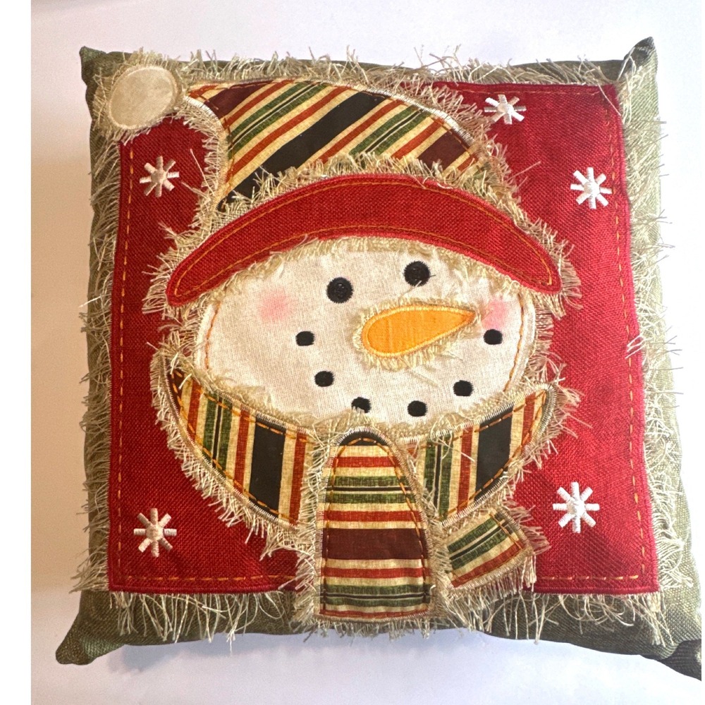 Snowman Decorative Pillow 17x17 Red Green Excellent‎ Christmas Rustic Holiday